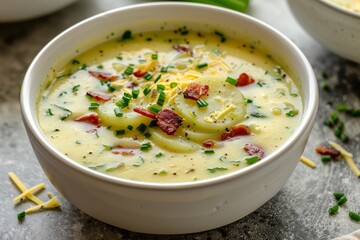 Creamy zucchini soup with potatoes onions cheese bacon and celery in white bowl on stone table Top view