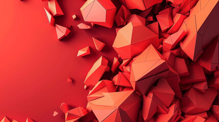 Dynamic red angular shapes in 3D, from coral to wine, against crimson shadows.