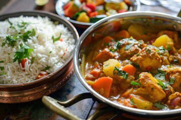 Curries with Indian chicken vegetables and pilau rice