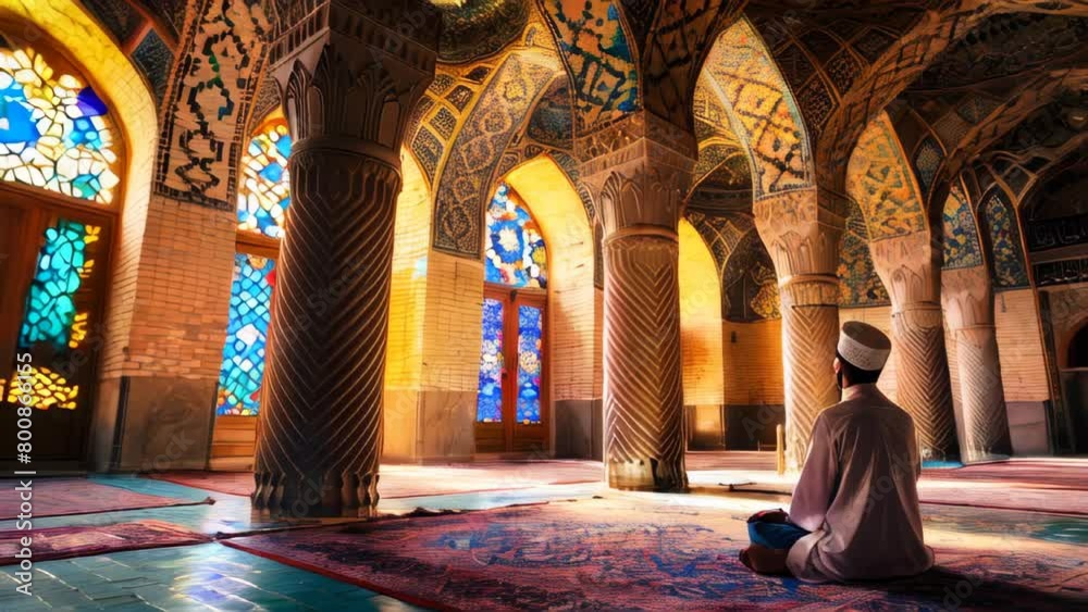 Wall mural A man in Islamic clothing praying in mosque