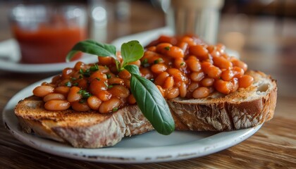 Fresh baked beans on wholemeal bread in a cafe