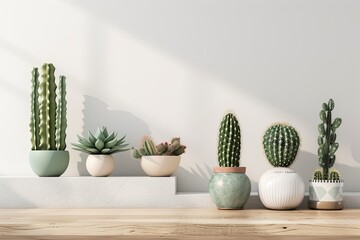 Row of Cactus Plants on Wooden Table. Generative AI