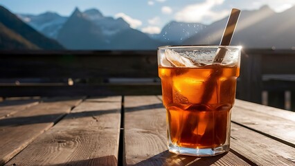 Glass of ice tea on a wooden table with mountains in the background