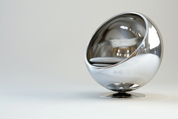 A metallic silver egg chair with a futuristic design, isolated on solid white background.