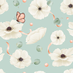 Seamless pattern featuring white watercolor anemones, eucalyptus leaves, satin ribbons, and rhinestones. textile, web design, print materials greeting cards wallpapers gift packaging accessories