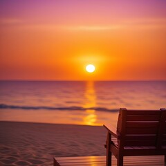 Sunset lounge and umbrella on beach in tropics background cartoon illustration