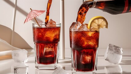 Cola drink is poured into a glass with ice - obrazy, fototapety, plakaty