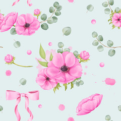 Seamless design adorned with watercolor floral elements. pink anemones, silk ribbons, splatters, eucalyptus foliage, and sparkling rhinestones. for wallpapers, fabric prints, crafting projects
