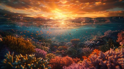 A breathtaking image of a coral reef at sunset, with warm hues casting a magical glow over the underwater world, inspiring appreciation and conservation efforts on World Reef Awareness Day.