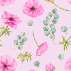 Seamless pattern on a pink background. Pink watercolor anemone flowers, greenery, eucalyptus leaves. Perfect for wallpapers, textiles, stationery, and packaging designs