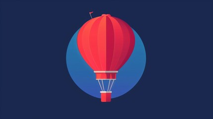 Flat solid color illustration of a ruby red hot air balloon on a navy blue background - obrazy, fototapety, plakaty