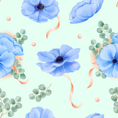 A seamless pattern watercolor floral motifs set against a celestial blue background. Delicate blue anemones, satin ribbons, sparkling rhinestones, and airy eucalyptus leaves embellish the design