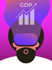 Gross Domestic Product or GDP. Recession, Business, Consumption, Investment. Arrow with Businessman in VR. Flat vector illustration.