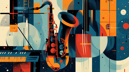 Jazz instruments, illustrations, graphic, colorful