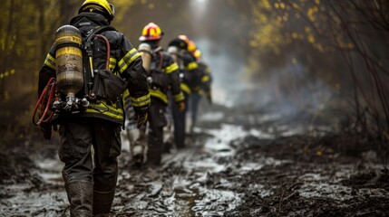 A group of firefighters were walking through a muddy area.