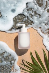 top view skincare product beach