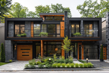 Ultrarealistic view of the exterior front of an elegant and modern twostory house in Montreal. Created with Ai