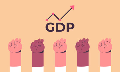 Gross Domestic Product or GDP. Recession, Business, Consumption, Investment. Arrow sign with hands. Flat vector illustration.