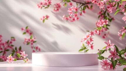 White pastel spring product display stand Decorated with beautiful fresh flowers and leaves. bright background