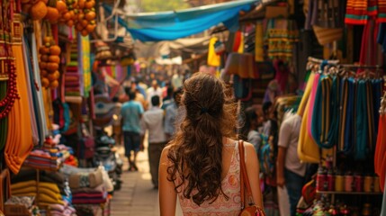 A female tourist traveling alone goes on a trip. Walking through the street market