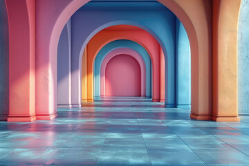  A vibrant, colorful archway leading to steps in the center of an empty room. Created with Ai