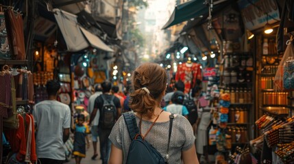 Obraz premium A female tourist traveling alone goes on a trip. Walking through the street market