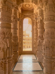 Inside pillars of om temple in jadan village pali district rajasthan. stone pillars in a hindu temple at pali rajasthan.