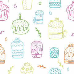 Vector seamless pattern
of Easter cakes with icing decorated with confectionery sweets, hand-drawn in the style of doodles.
