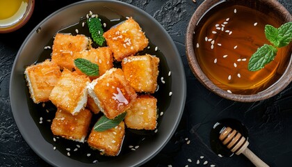 Fried Greek feta cheese with honey and sesame seeds in a Mediterranean tavern