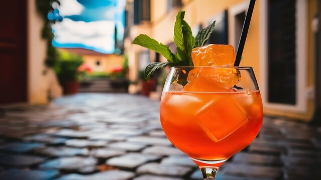 Traditional italian cocktail with orange ice and mint selective focus image