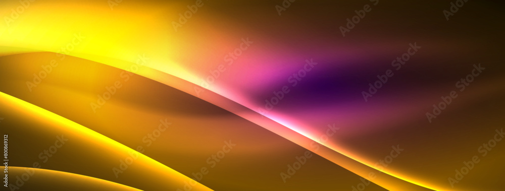 Poster Vibrant tints of yellow and purple create a striking pattern against a dark backdrop in a macro photograph, resembling a mesmerizing sunset sky