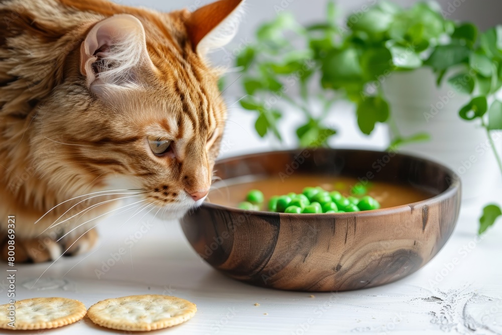 Sticker green pea soup with crackers in a wooden bowl on a white table with a bengal cat