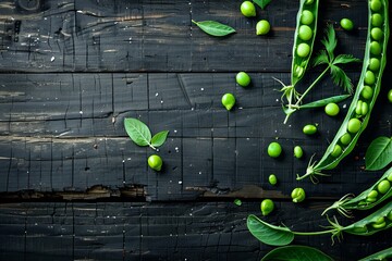 Fototapeta premium Green peas and pea pods on dark wood from above