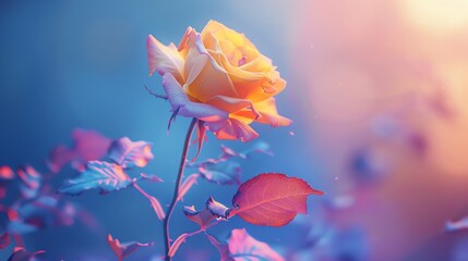 Yellow rose in bloom, gradient blue to purple background, dreamy lighting, perfect for a spring magazine cover, front view