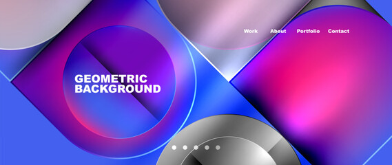 A symmetrical pattern of circles and squares in shades of purple, magenta, and violet on an electric blue background. The design features a gas rim with a font that adds to the geometric appeal