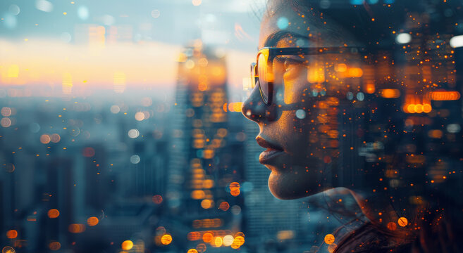 A side profile of a woman with double exposure effect, blending her image with a cityscape and bokeh lights, capturing a reflective mood. Generative AI