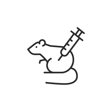 Icon depicting a lab mouse with a syringe, commonly associated with medical and scientific research, including drug development and testing. Vector illustration. 