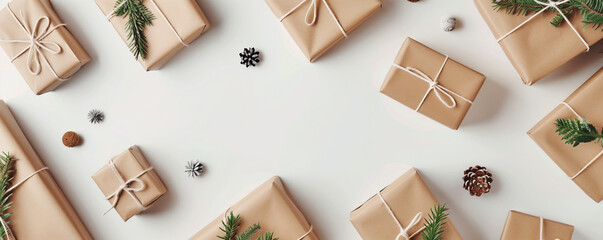 Flat lay of a minimalist arrangement of gift boxes with clean lines and simple decorations on a white background.
