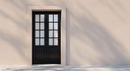 Fototapeta premium A modern black front door on a home with a beige wall and tiled porch, in natural light, depicting an elegant entrance. Generative AI