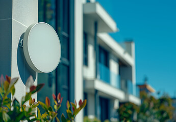 A circular blank signboard attached to a modern building's exterior, on a blurred street background, concept of commercial signage. Generative AI