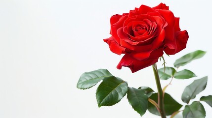 Classic red rose, stark white background, glossy magazine cover style, soft backlight, close frontal view