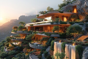 Obraz premium Mountain-Side Arcological City: Terraced Gardens & Cascading Waterfalls
