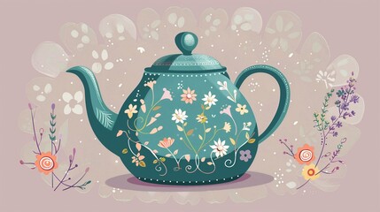 Flat solid color illustration of a teal teapot with a delicate floral pattern on a lavender background