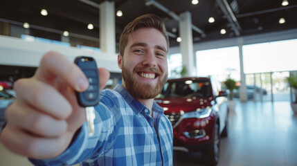 Smiling man holding a car key in a dealership, symbolizing a new purchase, with cars and blurred showroom background. Generative AI