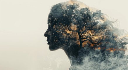 A double exposure image of a woman's silhouette merging with a tree on a misty background, representing a nature-human concept. Generative AI - Powered by Adobe