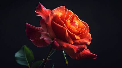 Fiery red rose, stark black background, glossy cover look with a spotlight, dynamic angle, vivid detail capture