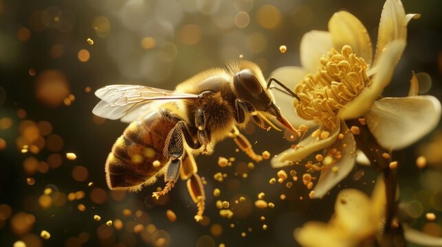 A captivating image of a bee carrying pollen back to the hive, showcasing the diligence and efficiency of these essential pollinators on World Bee Day.