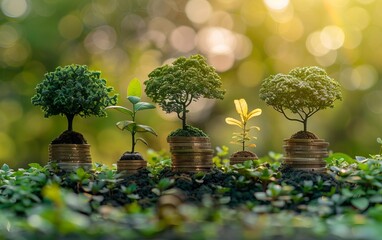 Small trees sprouting from coin stacks representing financial growth and investment, warmly lit by the glowing sun