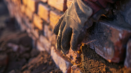 A bricklayer expertly applies mortar with gloved hands, building a brick wall at a construction site during dusk.