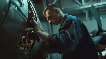 Fototapeta na wymiar A man working on the maintenance of a jet airplane in a hangar, focused and professional, dark background, concept of engineering service. Generative AI